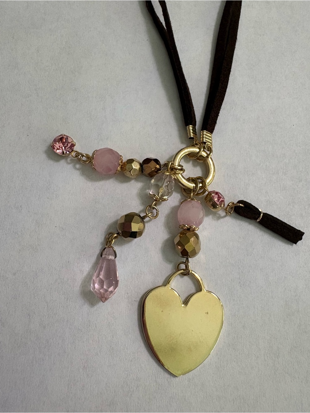 Cookie Lee Vintage Double Suede Cord Heart & Pink Crystal Charm Choker Necklace